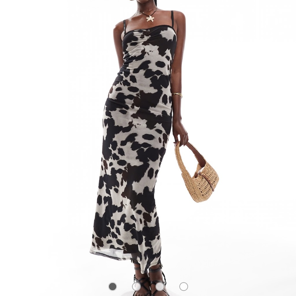 ASOS DESIGN peekaboo mesh midaxi dress in cow print size 2